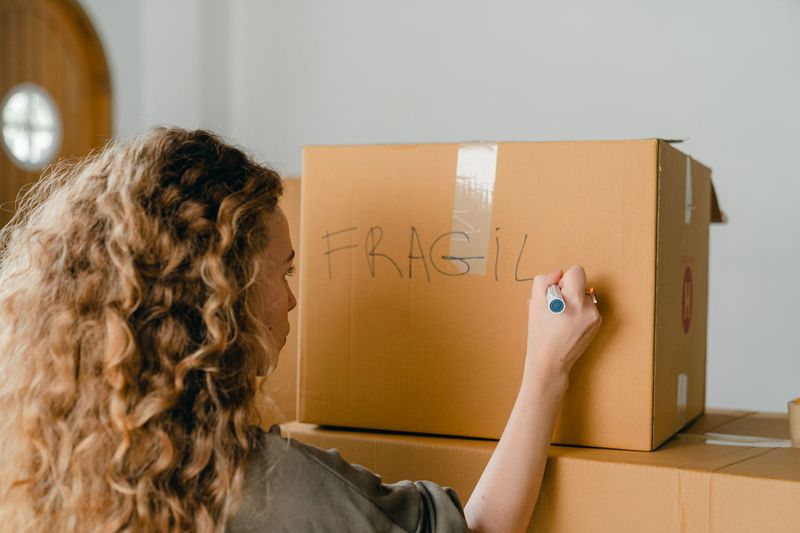 Moving truck being loaded with labeled boxes