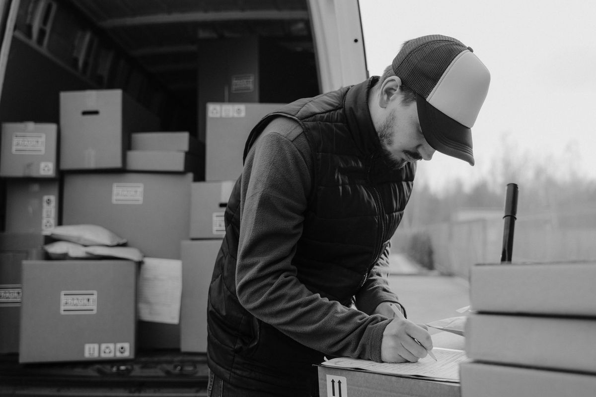 Moving professionals loading household boxes into a truck for a long-distance move from Stamford