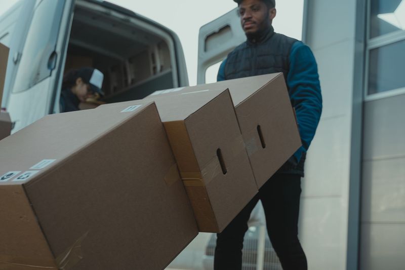 Moving team carrying a sofa carefully through an apartment stairway